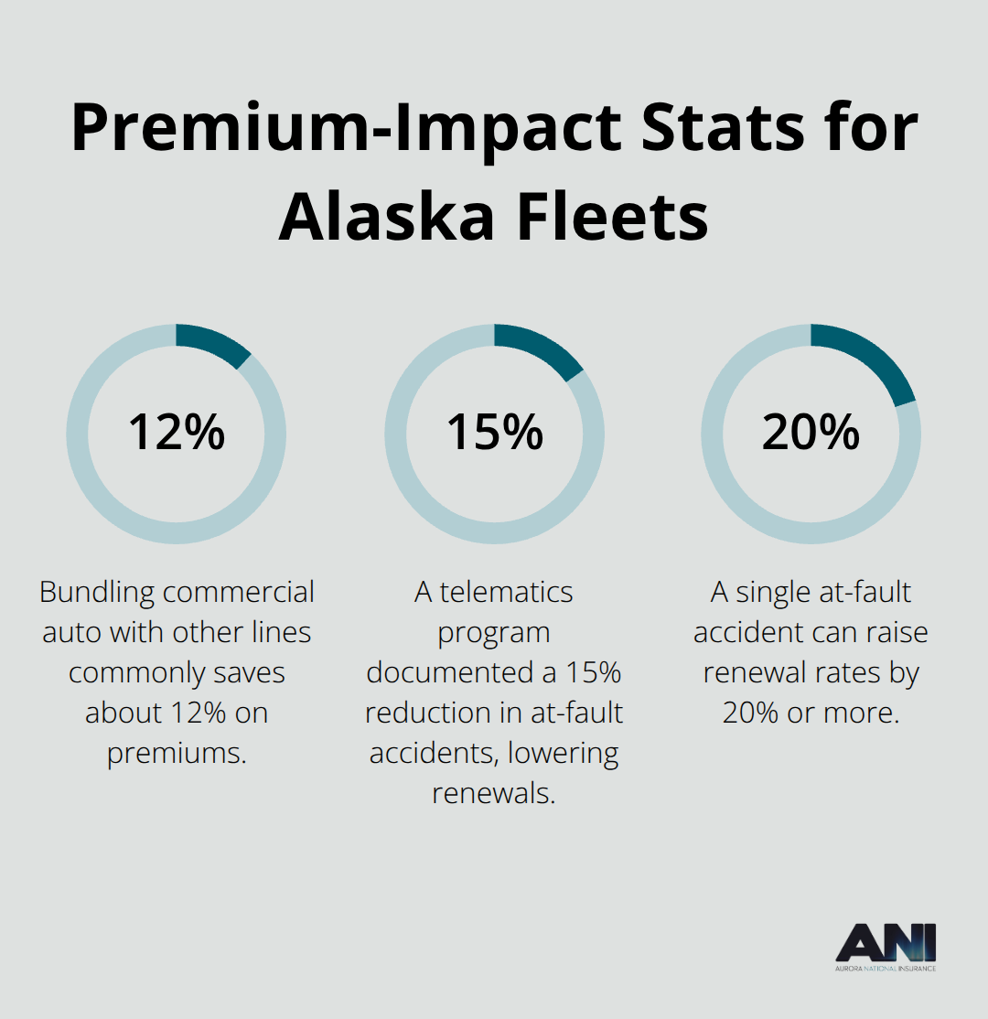 Percentage chart highlighting bundling savings, telematics impact, and rate increases after at-fault accidents.