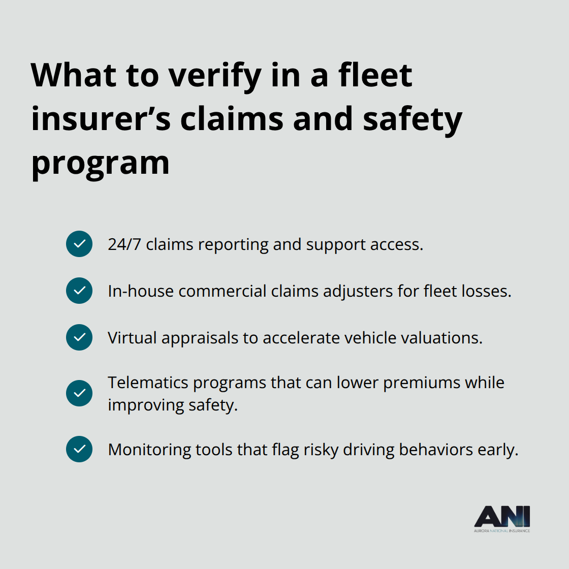 Checklist of claims response and telematics features to confirm with a provider