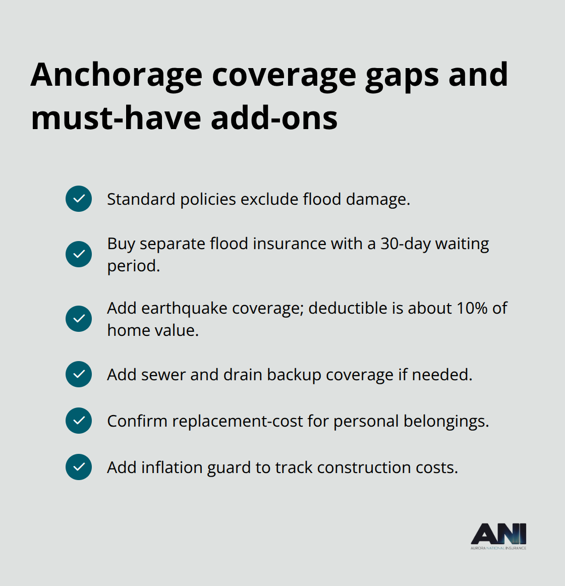 Checklist of coverage gaps and add-ons Anchorage homeowners should consider - Anchorage home insurance rates
