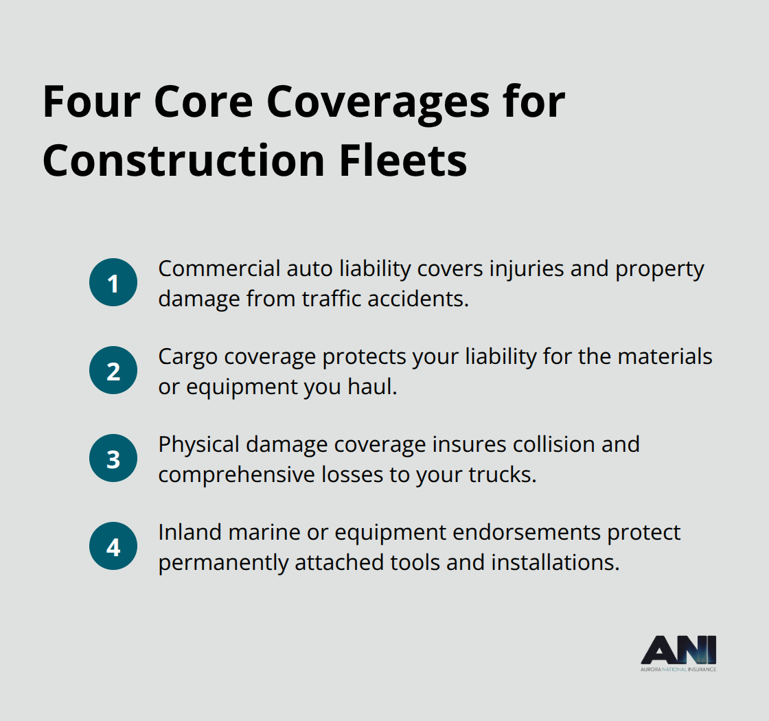 Compact list of the four core insurance coverages construction fleets need in the United States. - Construction company auto insurance