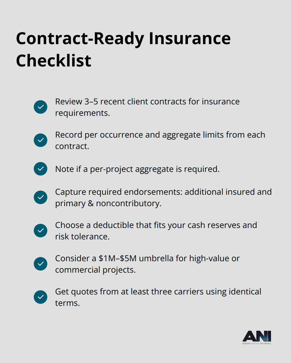 Checklist to align contractor general liability coverage with real client contract requirements. - Contractor general liability insurance
