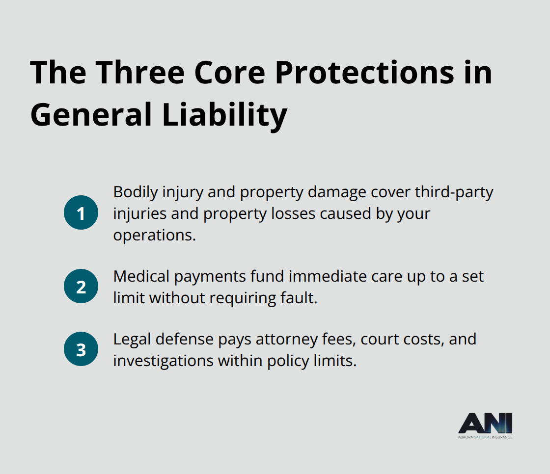 Compact list of the three main protections provided by general liability insurance for Alaska remote workers - General liability coverage Alaska