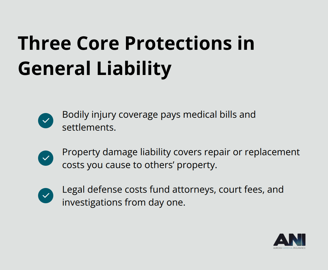 Checkmark list showing bodily injury, property damage, and legal defense costs as the three core protections in a general liability policy.