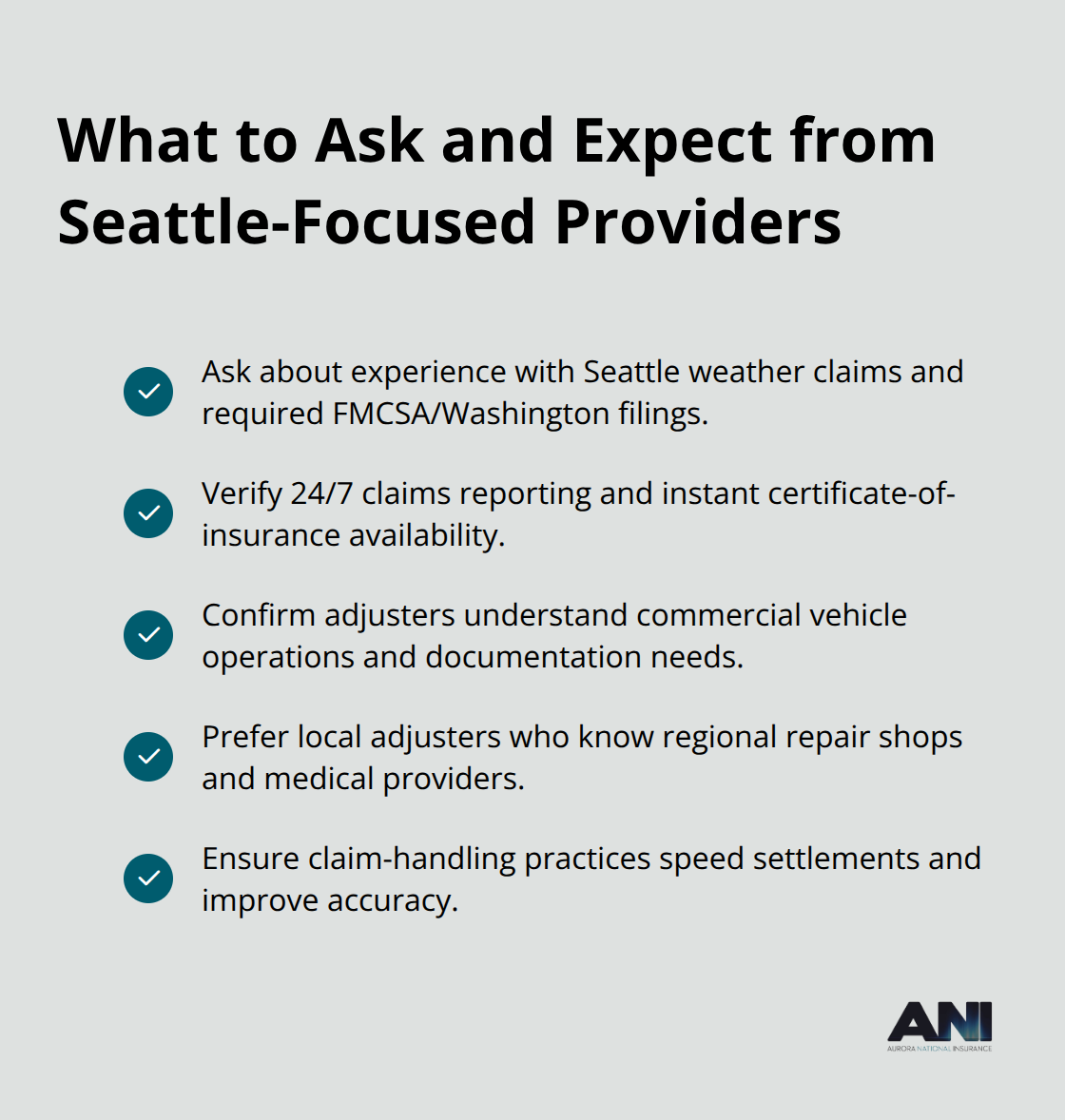 Checklist of provider qualifications and claims support features to verify - Seattle commercial vehicle insurance
